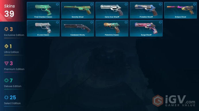 EU / 39 Skins / 2 Knives / Prime / Singularity / Gaia's vengeance / Surge / Immortalized / Surge / Artisan / Shimmer / XB32