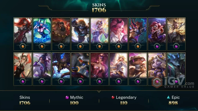  [D89] NA/EUW/OCE/JP/ 172 heroes / 1706skins /  Instant Delivery/ Can change bound email and password/Can be transferred to any server