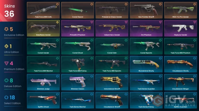 EU / 36 Skins / 2 Knives / RGX 11z / Elderflame / Valiant / Oni / Neo / Prelude to Chaos / Prime / Neptune / Tacti-Series / Task Force XB33