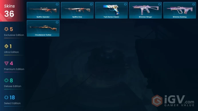 EU / 36 Skins / 2 Knives / RGX 11z / Elderflame / Valiant / Oni / Neo / Prelude to Chaos / Prime / Neptune / Tacti-Series / Task Force XB33