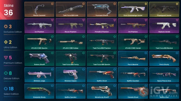 EU / 36 Skins / 2 Knives/ Prime / Sheriff / Oni / Phaseguard / Recon / Evori / Neptune / Ion / Shimmer / Atlas / Perch / Task Forc XB34