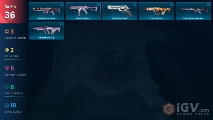 EU / 36 Skins / 2 Knives/ Prime / Sheriff / Oni / Phaseguard / Recon / Evori / Neptune / Ion / Shimmer / Atlas / Perch / Task Forc XB34