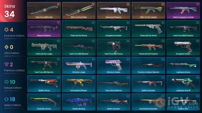 NA 34 skins | RGX 11z Pro Firefly | Spectrum Phantom | Gaia's Vengeance Vandal | Reaver Phantom | RGX 11z Pro Vandal |