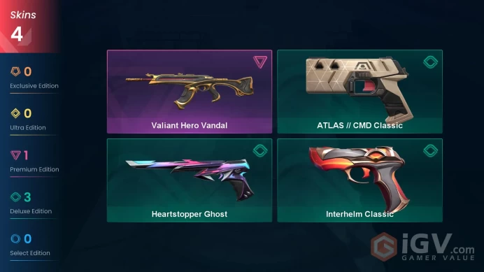 | AP | 4 SKINS | VALUE: 1775 VP | Valiant Hero Vandal | Interhelm Classic | RANKED READY | 80 LEVEL | INSTANT DELIVERY | FULL ACCESS | FpCZf |