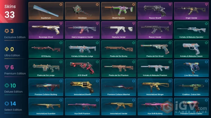EU / 33 Skins / Gaia's Vengeance Vandal / Reaver Vandal / Obsidiana / Reaver Sheriff / Equilibrium / V113