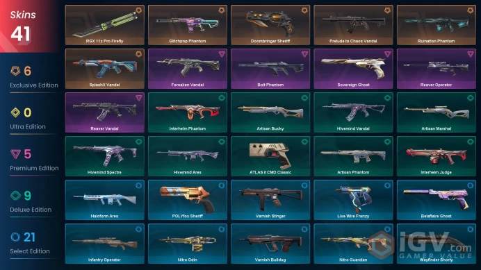 EU / 41 Skins / Reaver Vandal / Forsaken Vandal / Prelude to Chaos Vandal / RGX 11z Pro Firefly / V114