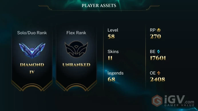 [EUW] S2026 - Diamond 4 -77LP- 55 Winrate - 15K Be - +25/-15 LP Gain - Ranked Ready - Honor 1 - 40Game honor restriction - Instant Delivery