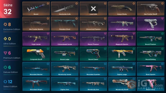NA / 32 Skins / ChronoVoid Phantom / Xenohunter Knife / Luxe Knife / Origin Vandal / V111