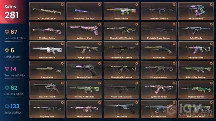 AP/MYS 210125 Spent VP Champions 2024-2025 Bundle Ignite Fan VCT 2025 Karambit Champions 2023 Vandal Evori Dreamwings Vandal Mystbloom Vandal Pr