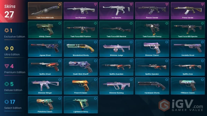 [EU] 27 SKINS | Task Force 809 Knife | Ion Phantom  | Ion Spectre | Reaver Vandal  | Prime Vandal ~ 7,100 VP Inventory value