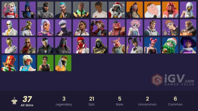 | PC/XBOX | 37 SKINS | Peter Griffin | Kado Thorne | Valeria | Yulejacket | Vengeance Jones | Nisha | Satoru Gojo | Mae | 350 VBUCKS | Fs94y |