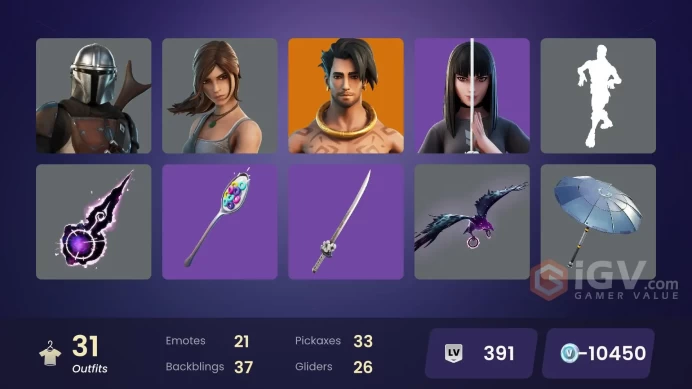 | PC | 31 SKINS | Raz | Predator | Spire Assassin | Mandalorian | Torin | Menace | Cluck | Guan Yu | Kitbash | Mave | Lexa | 0 VBUCKS | FrFz2 |