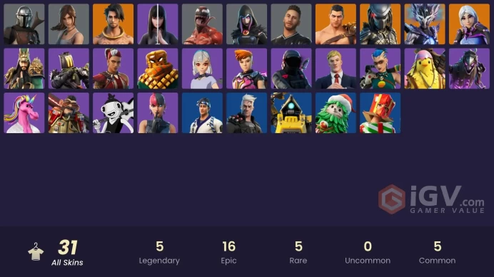| PC | 31 SKINS | Raz | Predator | Spire Assassin | Mandalorian | Torin | Menace | Cluck | Guan Yu | Kitbash | Mave | Lexa | 0 VBUCKS | FrFz2 |