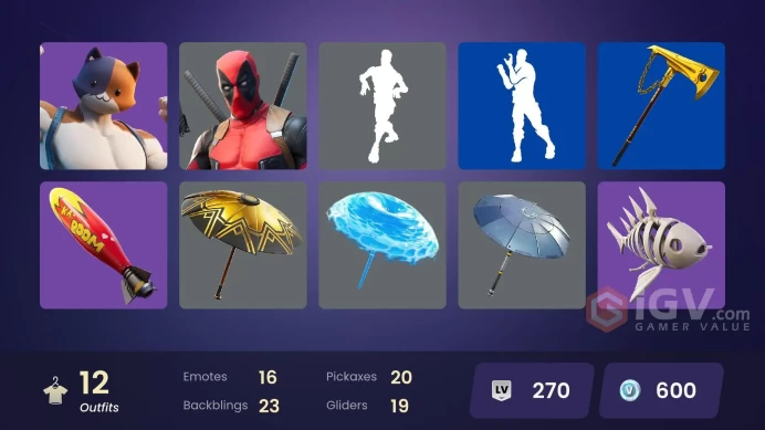 | PC/PSN | 12 SKINS | Gear Specialist Maya | Deadpool | Fade | Agent Peely | Skye | Meowscles | Ocean | Lt. Evergreen | 600 VBUCKS | FppV2 |
