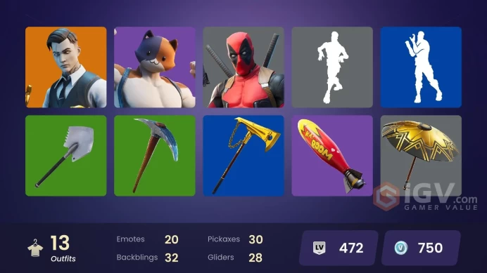 | PC/XBOX | 13 SKINS | Midas | Deadpool | Gear Specialist Maya | Brutus | Skye | TNTina | Yuki Yubari | Meowscles | Iris | 750 VBUCKS | FixBC |