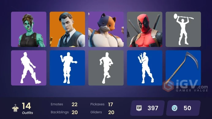 | PC/PSN/XBOX | 14 SKINS | Deadpool | Gear Specialist Maya | Midas | Agent Peely | Meowscles | TNTina | Skye | Brutus | 50 VBUCKS | FhDbH |