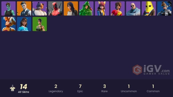 | PC/PSN/XBOX | 14 SKINS | Deadpool | Gear Specialist Maya | Midas | Agent Peely | Meowscles | TNTina | Skye | Brutus | 50 VBUCKS | FhDbH |