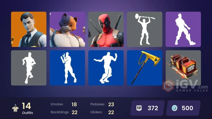 | PC/PSN/XBOX | 14 SKINS | Fade | Gear Specialist Maya | Midas | Deadpool | Meowscles | Skye | TNTina | Agent Peely | 500 VBUCKS | FieKR |