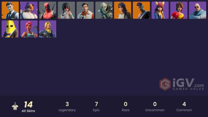 | PC/PSN/XBOX | 14 SKINS | Fade | Gear Specialist Maya | Midas | Deadpool | Meowscles | Skye | TNTina | Agent Peely | 500 VBUCKS | FieKR |