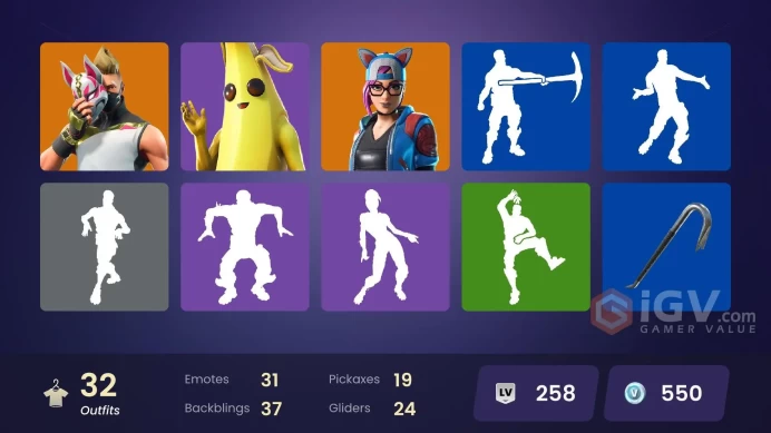 | PC/PSN/XBOX | 32 SKINS | Ragnarok | Blackheart | Lynx | Drift | Zenith | Enforcer | Hybrid | The Prisoner | A.I.M. | 550 VBUCKS | Fqrya |