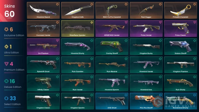 EU/TR 60 skins | RGX 11z Pro Karambit | Ruin Dagger | Prime//2.0 Karambit | Kuronami Vandal | Elderflame Operator | Oni Phantom | Prime Classic 