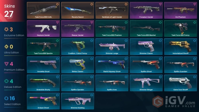 EU / 27 Skins / 2 Knives / Reaver / Oni / Sentinels of light / Forsaken / Neptune / Starlit Odyssey / Shimmer / Striker / Coalition /  XB35
