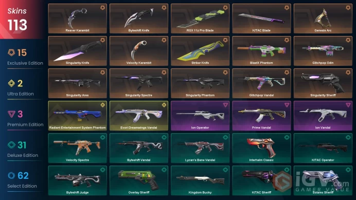 AP | 113 Skins | RGX 11z Pro Blade | Reaver Karambit | Singularity Knife | Radiant Entertainment System Phantom | Evori Dreamwings Vandal | Blas
