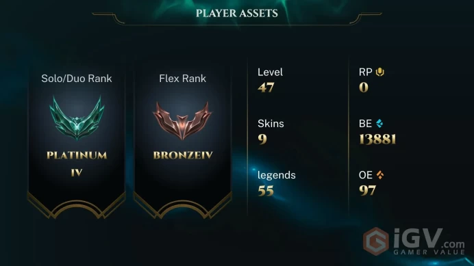 EUW  Platinum IV (49 LP) // ✨ +55 Champion / 13881 BE / +9 Skins / 47 Level / Full Access /  Click for Full Details