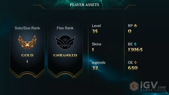 EUW  Gold I (60 LP) // ✨ +32 Champion / 13065 BE / +1 Skins / 35 Level / Full Access /  Click for Full Details