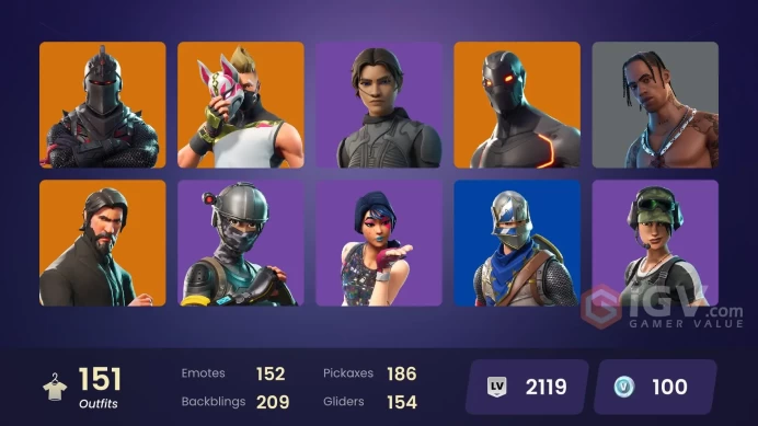 FA / 134 SKINS / BLACK KNIGHT / TRAVIS SCOTT / SPARKLE SPECIALIST / THE REAPER / BLUE SQUIRE / ROYALE KNIGHT / ELITE AGENT / STW