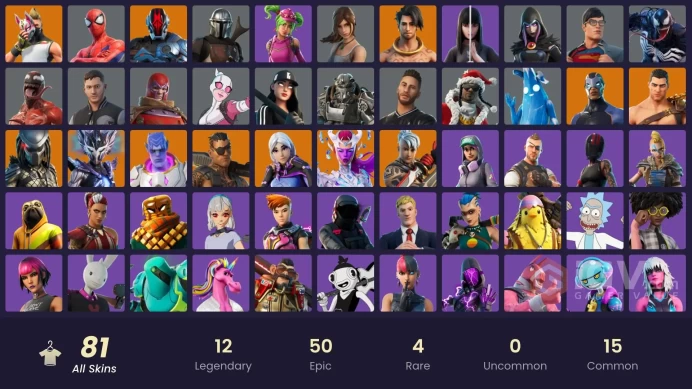 81 skins | Ronin | Raz | Spire Assassin | Torin | Joey | Drift | Predator | Menace | The Cube Queen | The Foundation | Kymera | Carbide