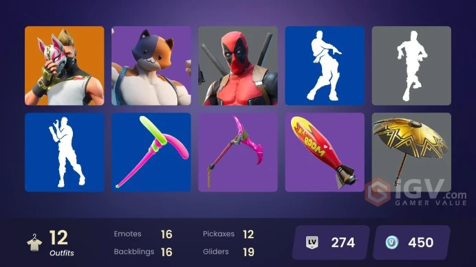 12 skins | Snowflake | Gear Specialist Maya | Drift | Deadpool | TNTina | Brutus | Huntress | Lt. Evergreen | Meowscles | Redline | Agent Peely