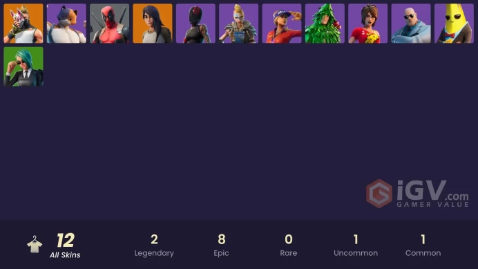 12 skins | Snowflake | Gear Specialist Maya | Drift | Deadpool | TNTina | Brutus | Huntress | Lt. Evergreen | Meowscles | Redline | Agent Peely