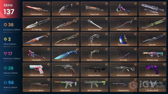 AP/MYS 137230 Spent VP Champions 2025 Bundle VCT 2026 Sigil VCT 2025 Karambit Ayakashi Phantom VCT26 x PRX Classic VCT25 x BLG Classic Evori's S