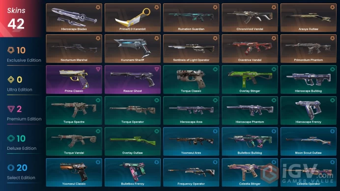 NA / 42 Skins / Kuronami Sheriff / Prime//2.0 Karambit / ChronoVoid Vandal / V121