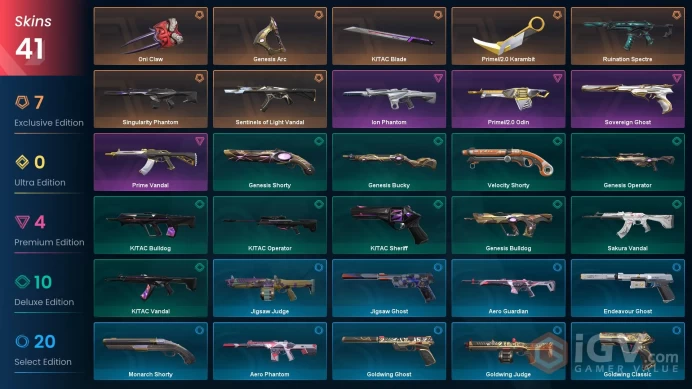 NA / 41 Skins / Prime Vandal / Prime//2.0 Karambit / K/TAC Blade / Ion Phantom / V122
