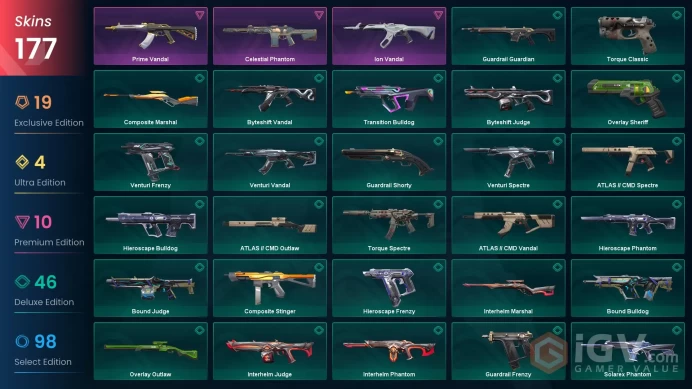 EU / 177 LUX SKINS (Arcane Vandal+Overdrive Vandal+Reaver Sheriff+Prime Vandal) + 8 KNIVES (Arcane Gauntlets) / MAIL (FULL ACCESS)