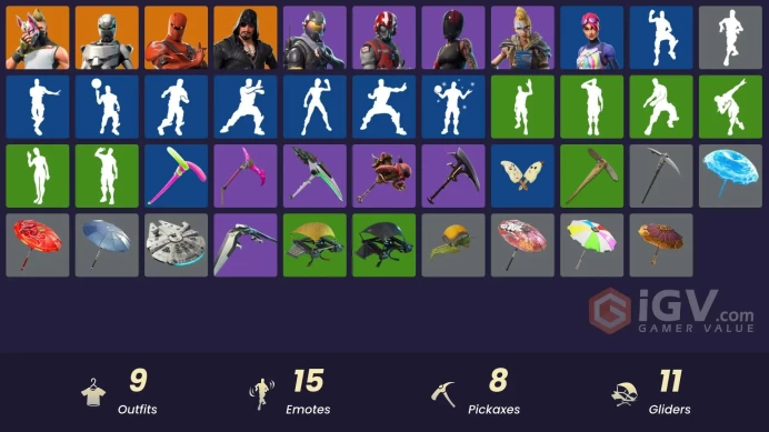 9 skins | Eon | Ride The Pony | Rogue Agent | Hybrid | Blackheart | Drift | Redline | Huntress | Wingman | Brite Bomber | Mutiny