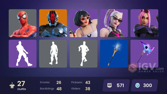 27 skins | The Foundation | Malik | Ronin | Snap | Darth Vader | Spider-Man | Polar Peely | Slayer Juice WRLD | Harlowe | Gumbo | Lt. John Llama