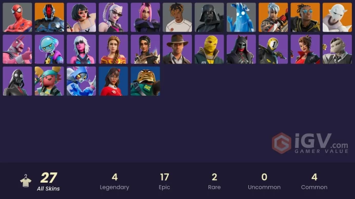27 skins | The Foundation | Malik | Ronin | Snap | Darth Vader | Spider-Man | Polar Peely | Slayer Juice WRLD | Harlowe | Gumbo | Lt. John Llama
