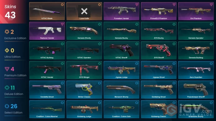 EU | 43 skins | Luxe Knife | K/TAC Blade | Neptune Vandal | Forsaken Vandal | Prime//2.0 Phantom | Oni Phantom | .SYS Bucky | F4423