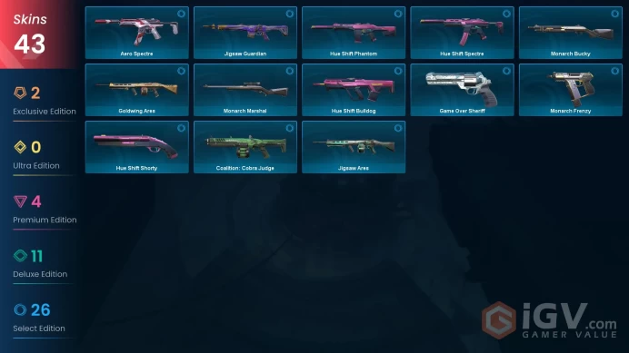 EU | 43 skins | Luxe Knife | K/TAC Blade | Neptune Vandal | Forsaken Vandal | Prime//2.0 Phantom | Oni Phantom | .SYS Bucky | F4423