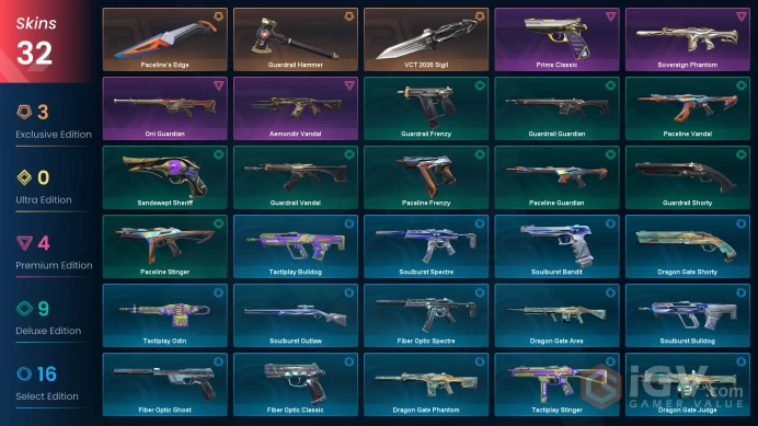 NA | 32 skins | Guardrail Hammer | Aemondir Vandal | Sovereign Phantom | Oni Guardian | Prime Classic | Paceline's Edge | VCT 2026 Sigil | I3200