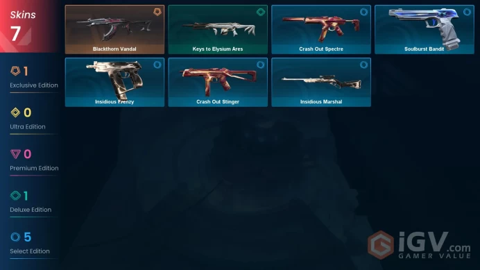 EU | 7 skins | Blackthorn Vandal | Keys to Elysium Ares | Soulburst Bandit | Insidious Frenzy | Crash Out Spectre | Crash Out Stinger | S3652