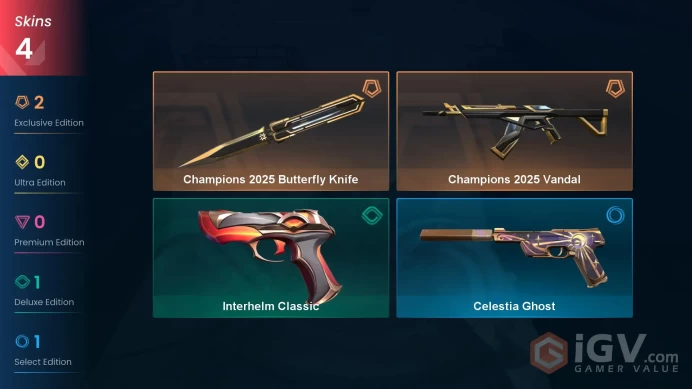 EU - LVL 61 - Unranked - 1 Knife - 4 Skins (~8,025 VP) Champions 2025 Vandal, Champions 2025 Butterfly Knife