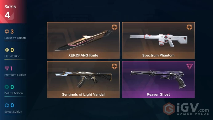 EU - LVL 37 - Unranked - 1 Knife - 4 Skins (~10,975 VP) Sentinels of Light Vandal, Spectrum Phantom, XEROFANG Knife