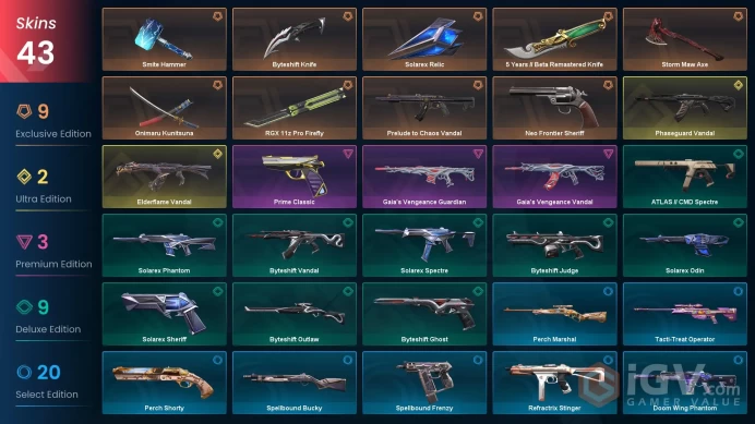 AP - LVL 57 - Unranked - 7 Knifes - 43 Skins (~32,175 VP) Elderflame Vandal, 5 Years Knife, Storm Maw Axe, Onimaru Kunitsuna, Solarex Relic, Neo