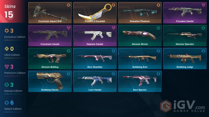 AP - LVL 33 - Unranked - 2 Knifes - 15 Skins (~15,475 VP) Cryostasis Impact Drill, Ruination Phantom, Prime2 Karambit, Forsaken Vandal, Cryostas