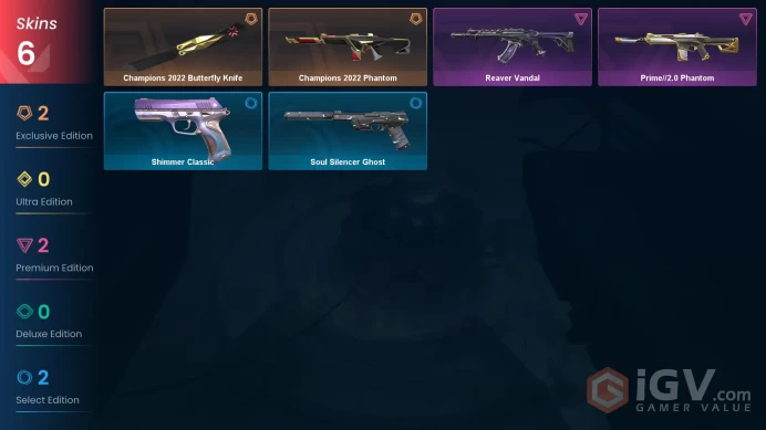 EU - LVL 101 - Unranked - 1 Knife - 6 Skins (~11,575 VP) Champions 2022 Phantom, Champions 2022 Butterfly Knife, Reaver Vandal