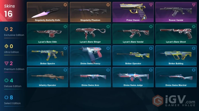 EU - LVL 47 - Unranked - 1 Knife - 16 Skins (~10,950 VP) Singularity Butterfly Knife, Singularity Phantom, Reaver Vandal